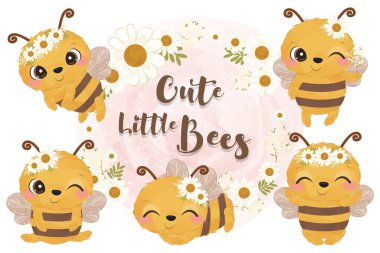 Adorable little bee clip-art set in watercolor illustration clipart