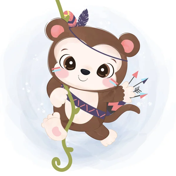 Rozkošná Malá Opička Akvarel Ilustrace Pro Školky Dekorace — Stockový vektor