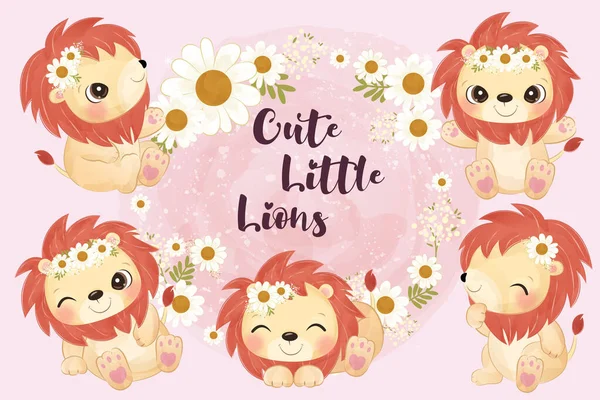 Adorable little lion clip-art set in watercolor illustration