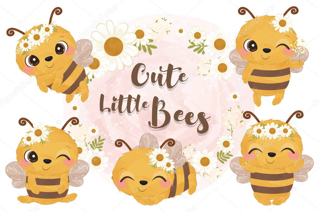 Adorable little bee clip-art set in watercolor illustration