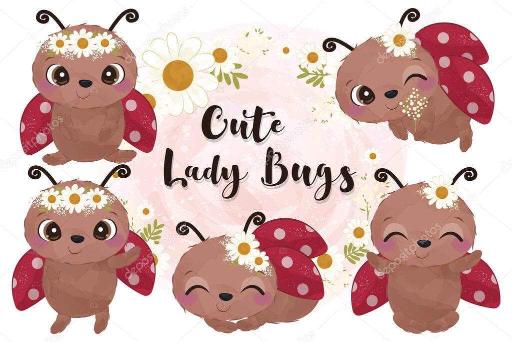 Adorable little ladybug clip-art set in watercolor illustration