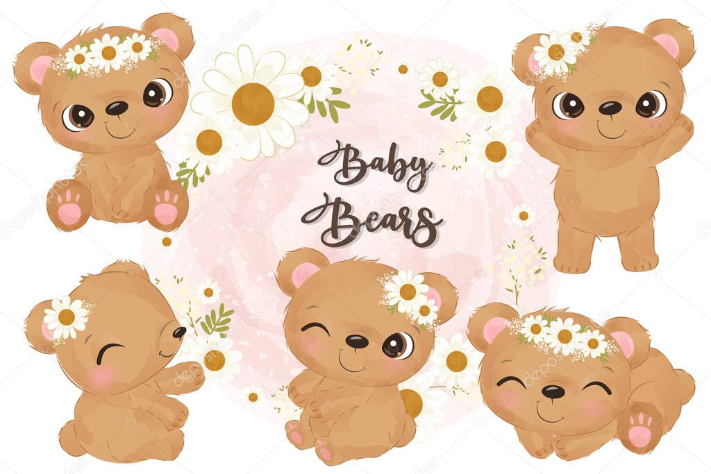 Adorable little bear clip-art set in watercolor illustration