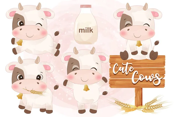 Adorable Little Cow Clip Art Set Watercolor Illustration — Stock Vector