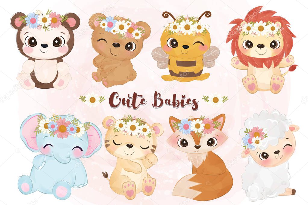Cute little animals illustration set in watercolor for nursery decoration