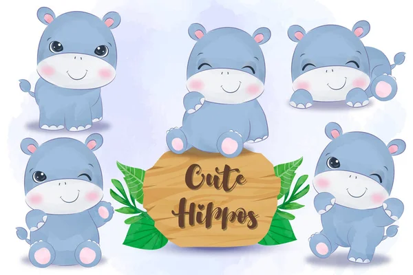 Adorable Little Hippo Clip Art Set Watercolor Illustration — Vector de stock