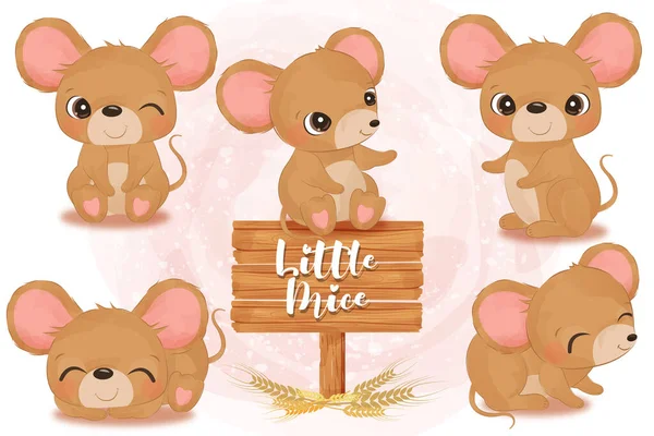 Adorable Little Mice Clip Art Set Watercolor Illustration — Vector de stock