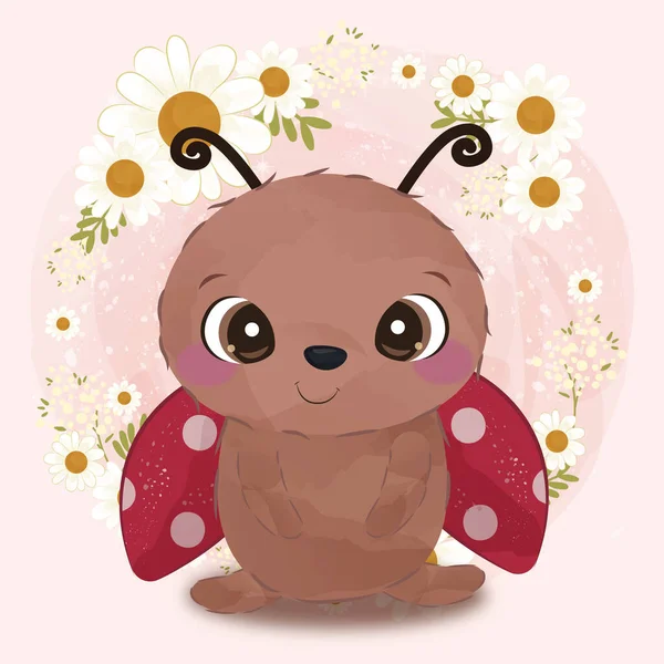 Cute little ladybug in watercolor illustration for nursery decoration