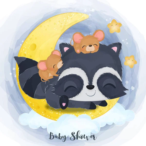 Cute little raccoons playing with mice in watercolor illustration