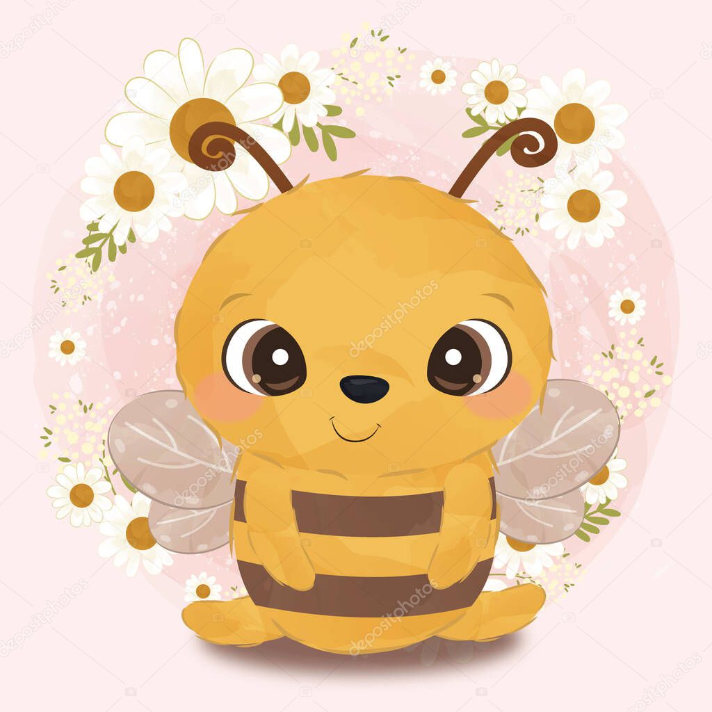 Adorable little bee in watercolor illustration for nursery decoration