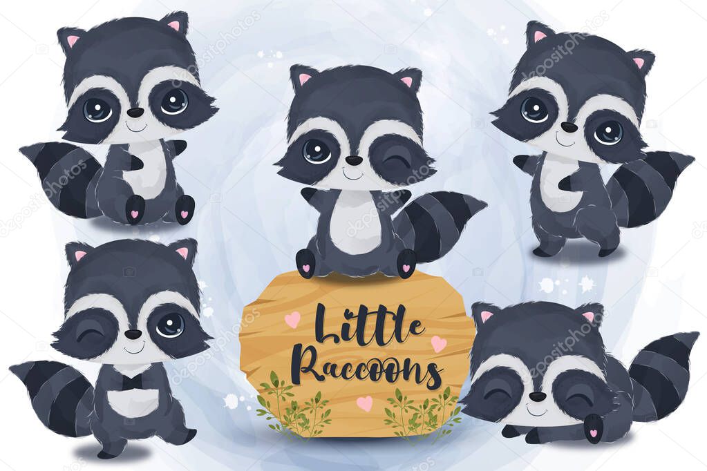 Adorable little raccoon clip-art set in watercolor illustration