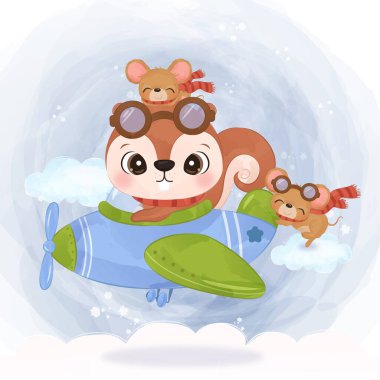 Şirin küçük sincap ve fareler suluboya resimde birlikte uçuyorlar.