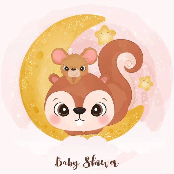 Adorable little squirrel and mice in watercolor illustration