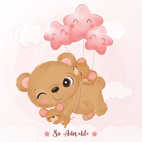 Adorable little bear and mice playing together in watercolor illustration