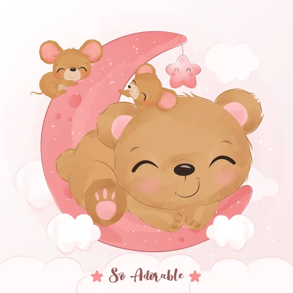 Adorable little bear and mice playing together in watercolor illustration