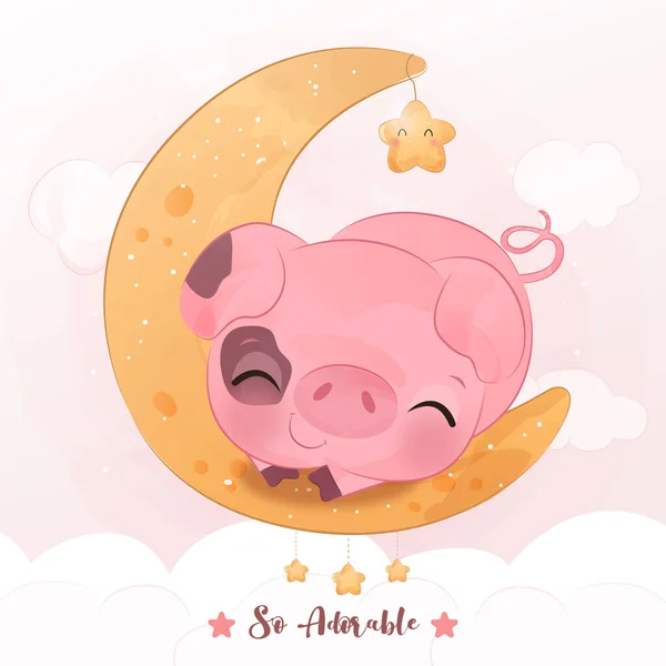 Cute Little Pig Sleeping Moon Watercolor Illustration — Stock Vector