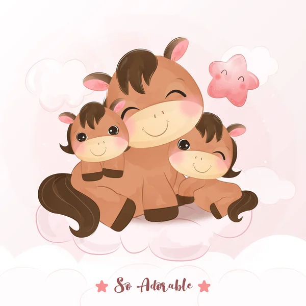 Adorable mom and baby donkeys in watercolor illustration
