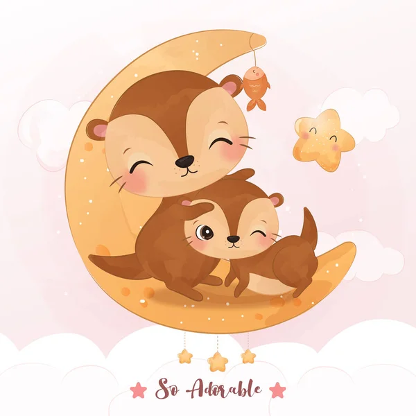 Adorable Maman Bébé Loutre Aquarelle Illustration — Image vectorielle