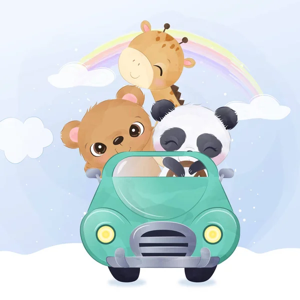 Cute baby animals driving together in a car in watercolor illustration