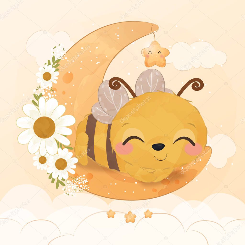 Cute little bee sleeping on the moon in watercolor illustration
