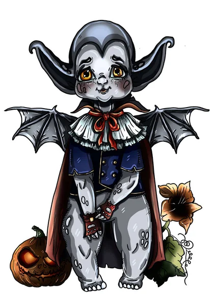 Postać Kreskówki Halloween Słodkie Stworzenie Mały Miły Wampir Dużymi Uszami — Zdjęcie stockowe