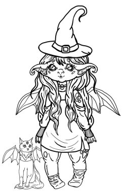 Cadılar bayramı için giyinmiş sevimli çizgi film karakteri sivri uçlu kepli, elbiseli, çoraplı, sivri kulaklı, kanatlı, tombul yanaklı ve gülümseyen sevimli bebek cadı..