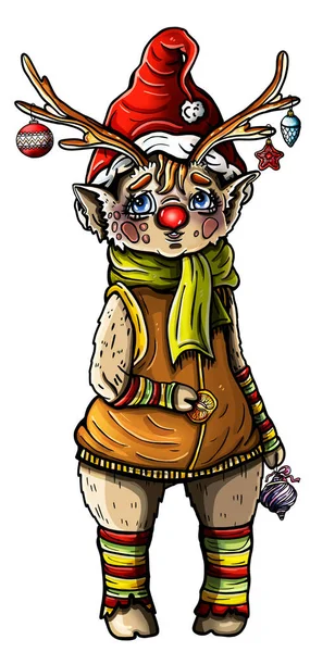 Cartoon Kerstkarakter Volle Groei Vriendelijk Sprookjesachtig Babyhert Met Lange Hoorns — Stockfoto