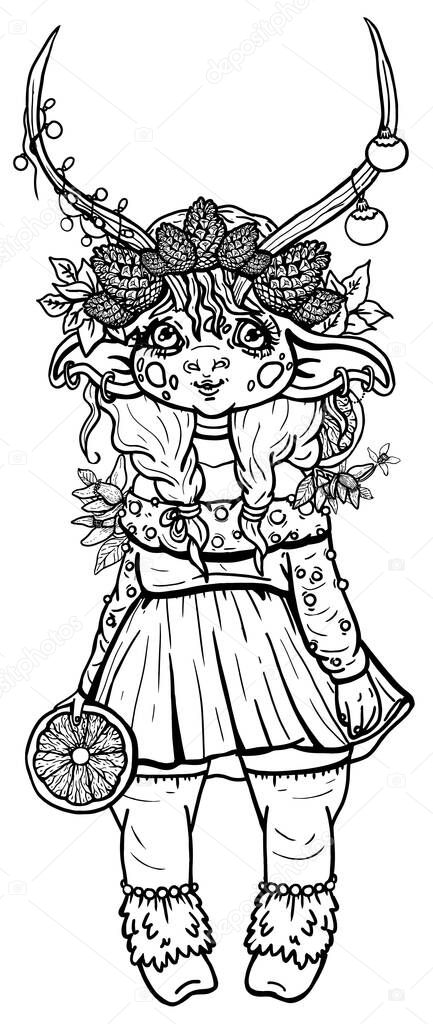 Cartoon magic character, cute new year little cow, with long horns and big ears, with pigtails and a wreath of cones, with Christmas toys and garland, in dress and fur socks, with orange in hand.