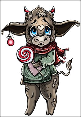 İzole edilmiş çizgi film karakteri, büyük gözlü, uzun kulaklı, küçük boynuzlu, uzun kulaklı, atkılı, kazaklı, kalpli, Noel oyuncağı ve lolipoplu küçük şirin boğa..