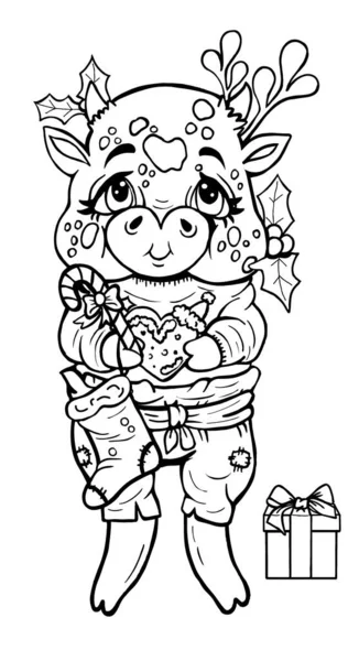 Büyürken izole edilmiş Noel çizgi filmi karakteri, büyük gözlü, tombul yanaklı, sevimli gülümsemeli ve benekli, küçük kulaklı, kazaklı, şekerli ve pençeli kurabiyeli sevimli küçük boğa..