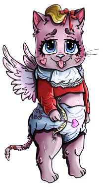 Çizgi film karakteri, büyük gözlü komik kedi yavrusu Cupid, tüylü kirpikler ve melek kanatları, bebek bezi, fiyonk düğümlü, çıkık dilli ve tombul yanaklı - kalpli, küçük yay ve oklu bir pençe. 