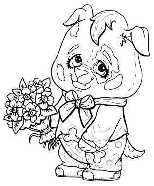 Çizgi film karakteri, büyük gözlü ve yuvarlak kafalı romantik bir köpek, spor ayakkabılarıyla, boyun ve pantolon düğümlü, bir buket çiçekli ve bir pençe kemikli.