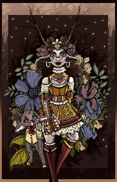 Fairytale cartoon character, girl in dress with a fluffy skirt, with long horns, big ears and round earrings, stand in vegetation and flowers with little funny goat in a shirt with bow-knot on neck.