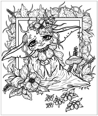 Cartoon character, fairytale creature, cute little alien with big ears and eyes, with tentacles and flowers on head, in cloak with beautiful collar of petals, in a flowers, leaves and plants. vector Cartoon character, fairytale creature, cute little alien with big ears and eyes, with tentacles and flowers on head, in cloak with beautiful collar of petals, in a flowers, leaves and plants. vector