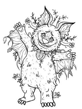 Peri masalı gece orman hayvanı, tam büyümüş komik dost canlısı yaratık, büyük yuvarlak kafalı, sevimli yarasa ve geniş gülümsemeli, yapraklar gibi kulakları ve kanatları olan, bitkiler ve çiçekli vücut.