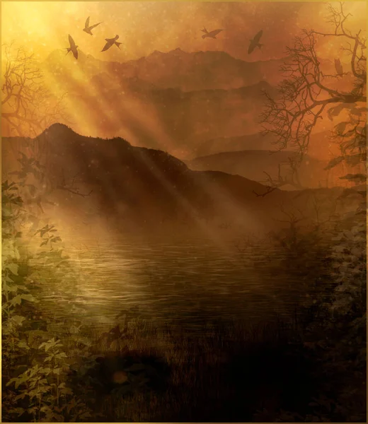 Magic landscape with flying birds in bright sun rays, fairytale nature with a deep river against the background of a dark dense forest and mountains, with silhouettes branches and bushes.