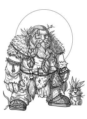 Sihirli barbar, güçlü geniş omuzlu cesur savaşçı, örgülü sakallı ve bıyıklı, tüylü kuyruklu ve kemerinde kristal olan, arka planda küçük tavşanlı....