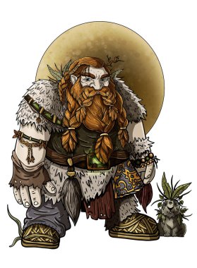 Fantezi Viking, güçlü geniş omuzlu ve büyük elli cesur savaşçı, örgülü sakallı ve bıyıklı, tüylü kuyruklu ve kemerinde kristal olan, arka planda büyük bir tavşan,.