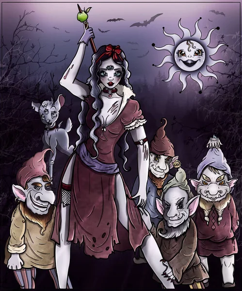 Horror cartoon characters, a gang of robbers in a dark night forest, fairytale evil gnomes in caps with a beard and pointed ears, and a warlike girl in torn clothes and with a spear on her back.