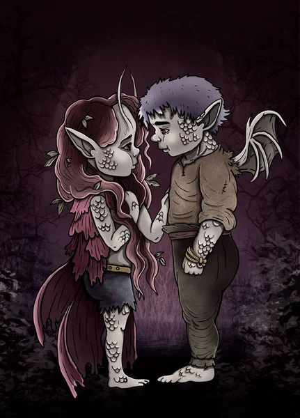 Romantic cute couple in full growth, fairytale trolls in love with pointed ears and scales, cartoon characters with wings and tentacle, stand on background dark burgundy forest with bushes and grass.