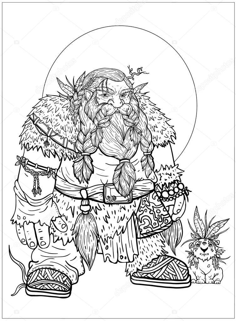 Fairytale dwarf, brave warrior with powerful broad shoulders and large hands, with braided in braids beard and mustaches, with fur tail and a crystal on belt, on background big moon, with liitle hare.