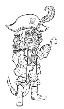 Sivri kulaklı fantezi karakteri, kancası ve faresi olan korkunç kaptan kedi, tüy ve kafatası olan bir şapkada kaşlarını çatan korsan, bıyıklı ve sakallı, ceketli ve yüksek çizmeli bir hayvan..