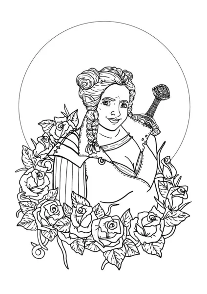 幻想人物的背景是一颗大月亮 一个背着剑的好战的矮女人 一个有着发型 辫子和强壮身体的女孩 有着童话般的玫瑰图案 — 图库矢量图片