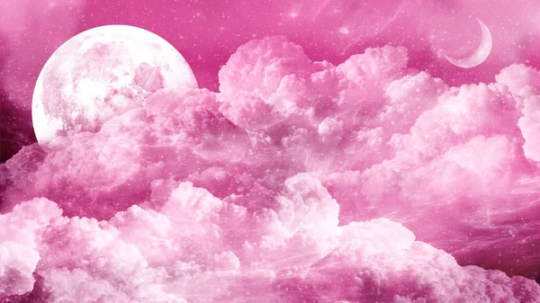 Magic Pink Sky White Fluffy Clouds Mysterious Aerial Landscape Little — Stock Photo, Image