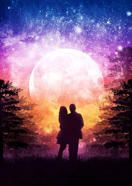 Silhouette of a gentle couple in love on a background of a cosmic sunset with a moon and stars, a romantic evening under a fantastic boundless sky, a magic landscape with dark grass and tree branches.