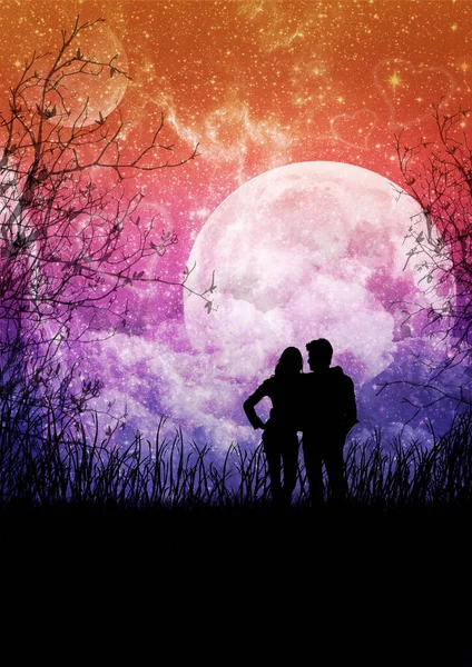 明るい星空と優しいカップルを愛する魔法のロマンチックな風景 おとぎ話の深いスペース星雲 ふわふわの雲と大きな月 濃い草と木の枝を持つ素晴らしい自然 — ストック写真