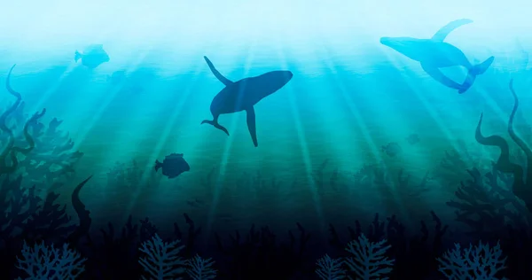 Underwater Illustration Silhouettes Swimming Whales Fish Seascape Endless Emerald Ocean — Stock Photo, Image