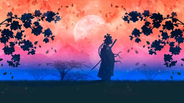 Japanische Weibliche Silhouette Eines Samurai Mit Einer Katana Vor Dem — Stockfoto