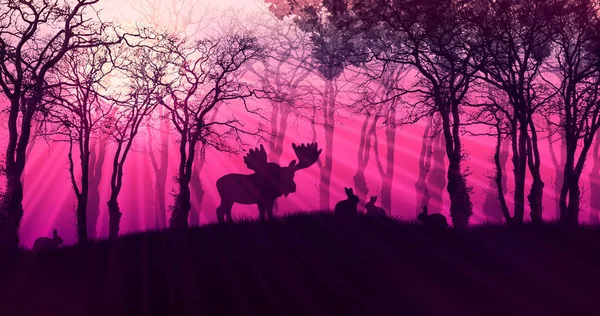 Magische Illustratie Van Natuur Met Silhouetten Van Dieren Bomen Mysterieus — Stockfoto