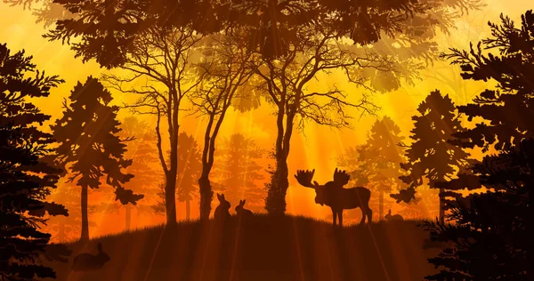 Magische Illustratie Van Natuur Met Silhouetten Van Dieren Bomen Mysterieus — Stockfoto
