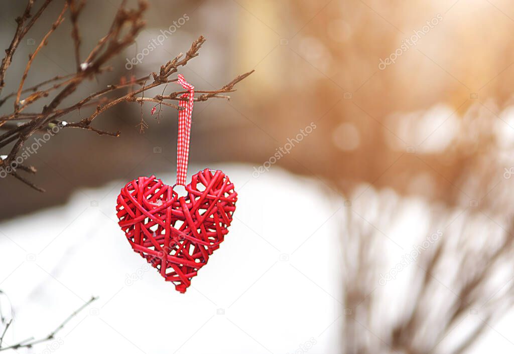 Valentine's day background. Red heart on a branch against a background of snow